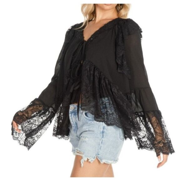 Women's Long Bell Sleeve V-Neck High-Low Lace Blouse Black - Picture 3 of 11